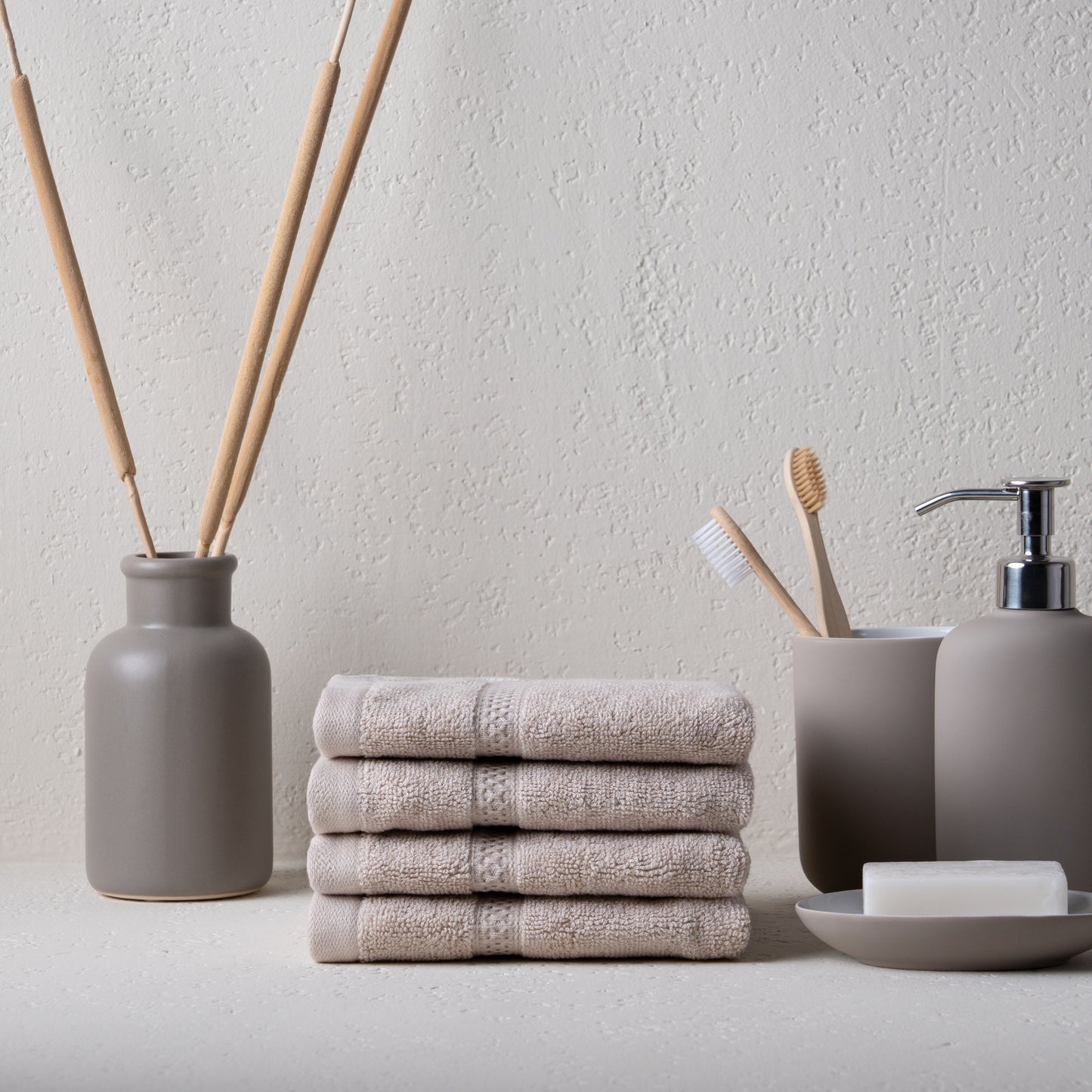 Feather & Spun Bamboo Cotton Face Towel | Lavender Fragrance | Oeko-TEX® Standard 100 | Double Needle Stitch | Anti Microbial | 600 GSM | 33 cms x 33 cms - Almond Cream | Pack of 4