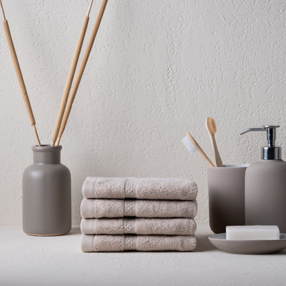 Feather & Spun Bamboo Cotton Face Towel | Lavender Fragrance | Oeko-TEX® Standard 100 | Double Needle Stitch | Anti Microbial | 600 GSM | 33 cms x 33 cms - Almond Cream | Pack of 4