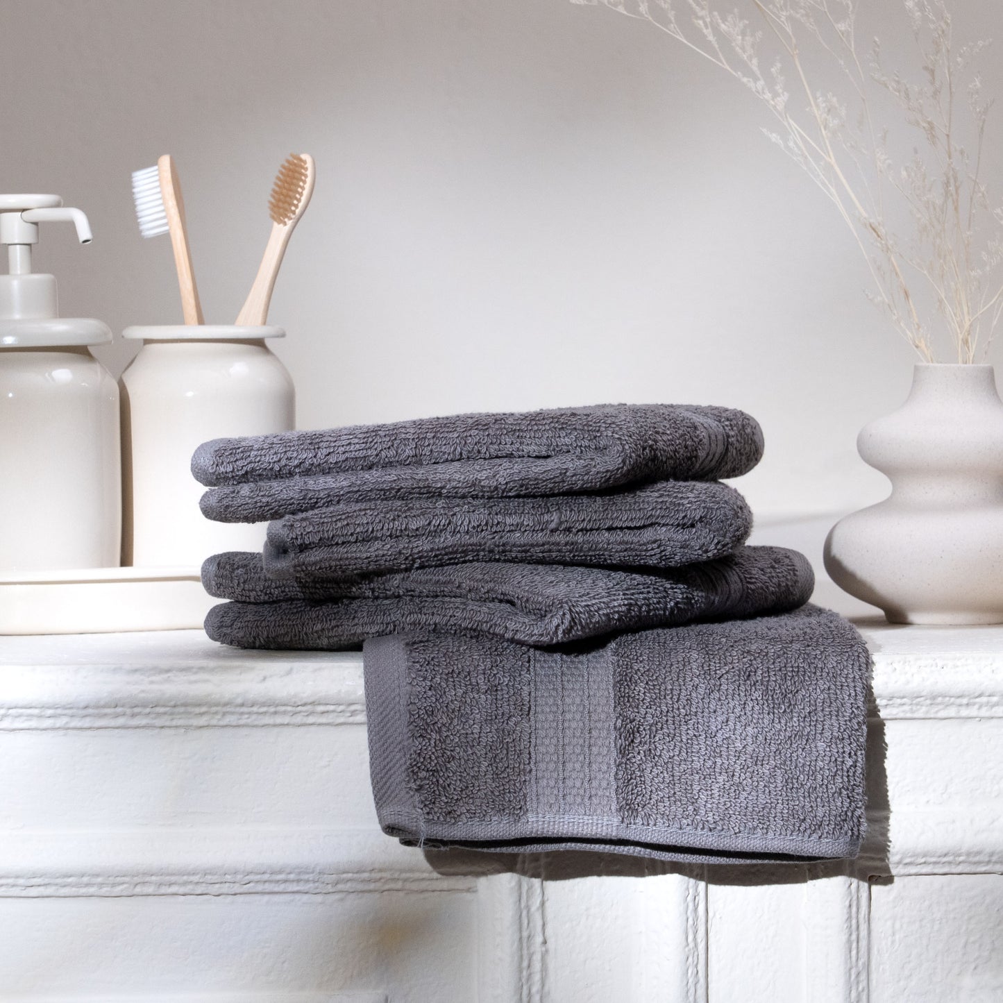 Feather & Spun 100% Organic Face Towel | Lavender Fragrance | Oeko-TEX® Standard 100 | Double Needle Stitch | Anti Microbial | 100% Cotton - 550 GSM | 33 cms x 33 cms - Charcoal Stone | Pack of 4