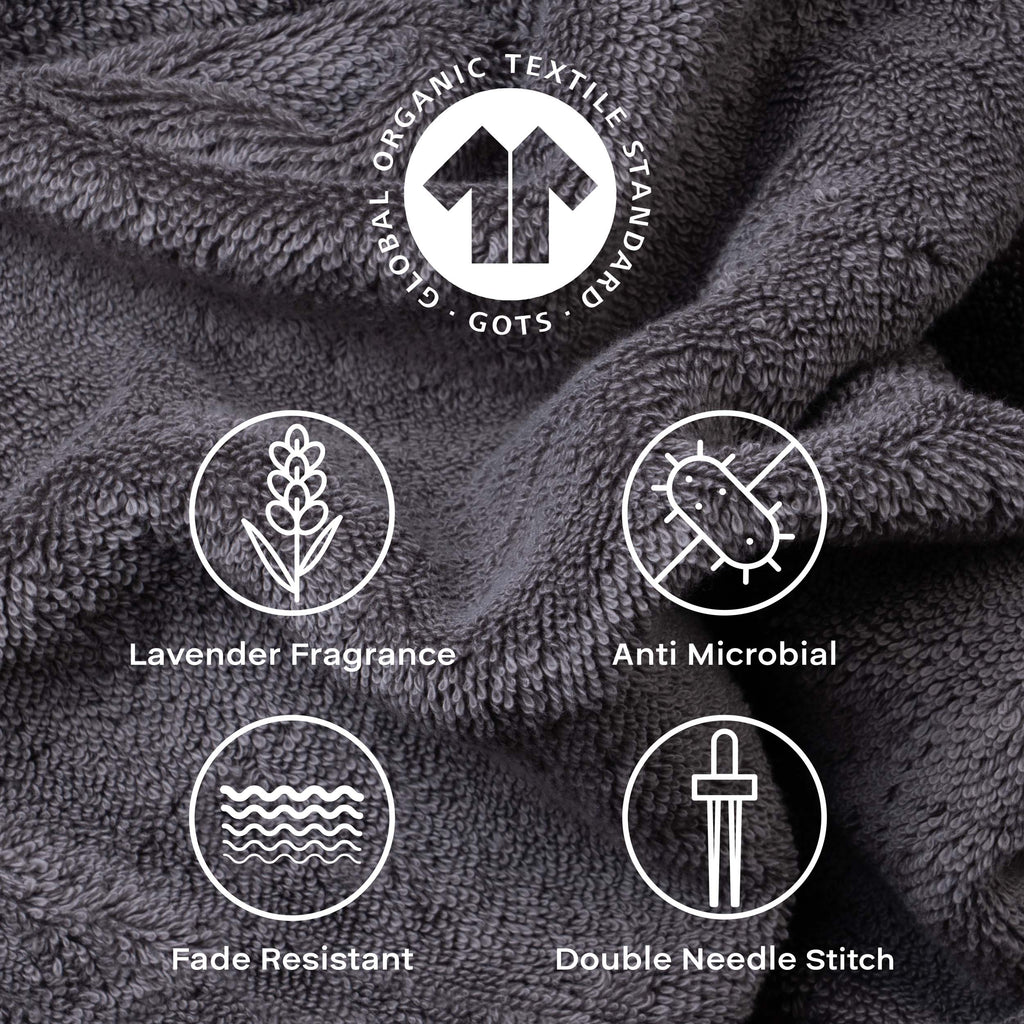 Feather & Spun 100% Organic Hand Towel | Lavender Fragrance | Oeko-TEX® Standard 100 | Double Needle Stitch | Anti Microbial | 100% Cotton - 550 GSM | 45 cms x 76 cms - Charcoal Stone | Pack of 2