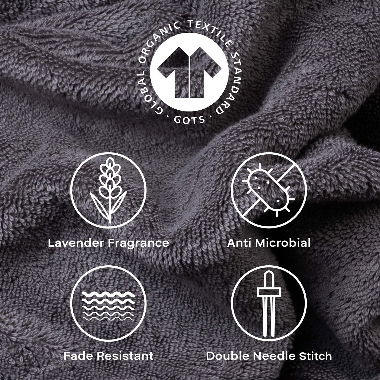 Feather & Spun 100% Organic Hand Towel | Lavender Fragrance | Oeko-TEX® Standard 100 | Double Needle Stitch | Anti Microbial | 100% Cotton - 550 GSM | 45 cms x 76 cms - Charcoal Stone | Pack of 2