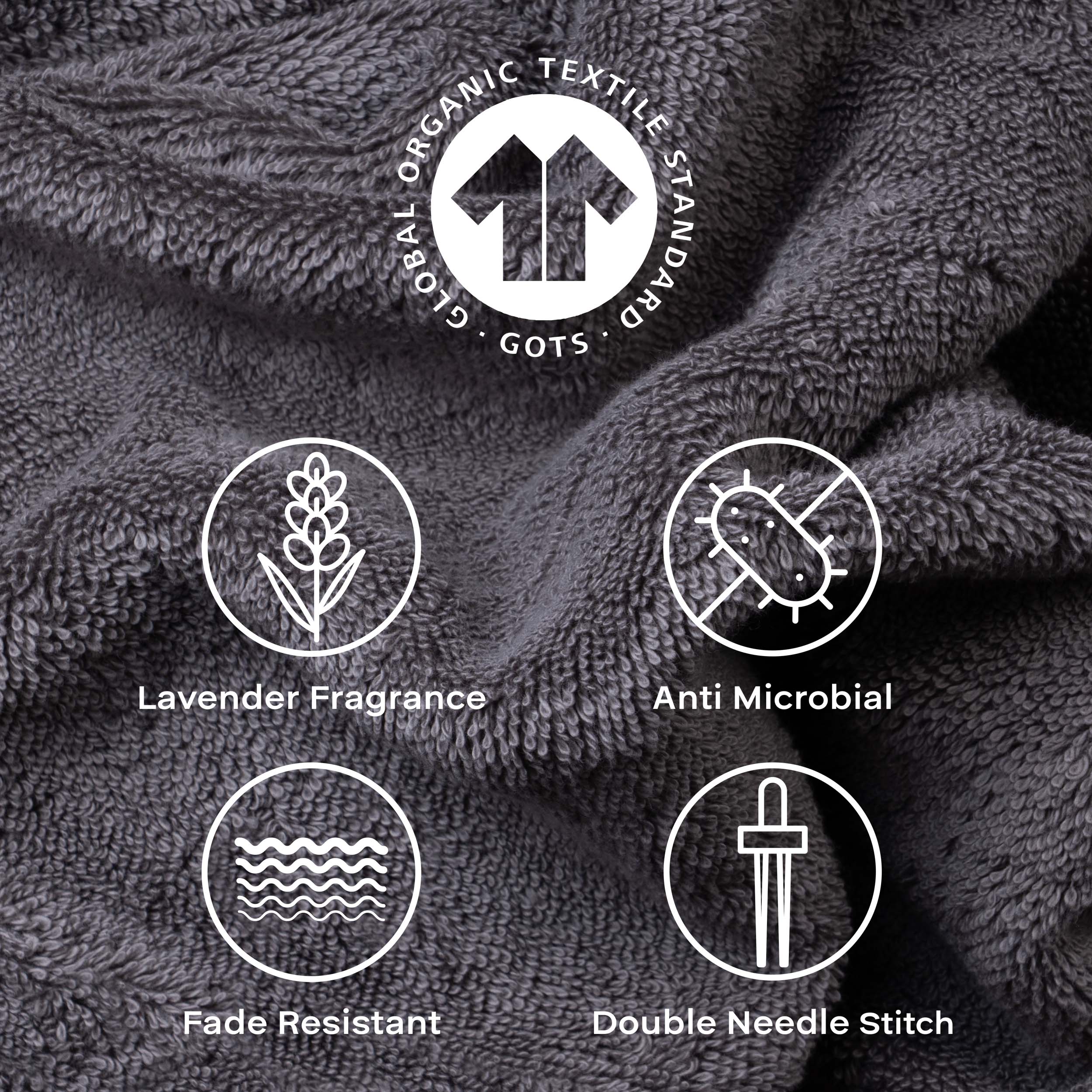 Feather & Spun 100% Organic Hand Towel | Lavender Fragrance | Oeko-TEX® Standard 100 | Double Needle Stitch | Anti Microbial | 100% Cotton - 550 GSM | 45 cms x 76 cms - Charcoal Stone | Pack of 2