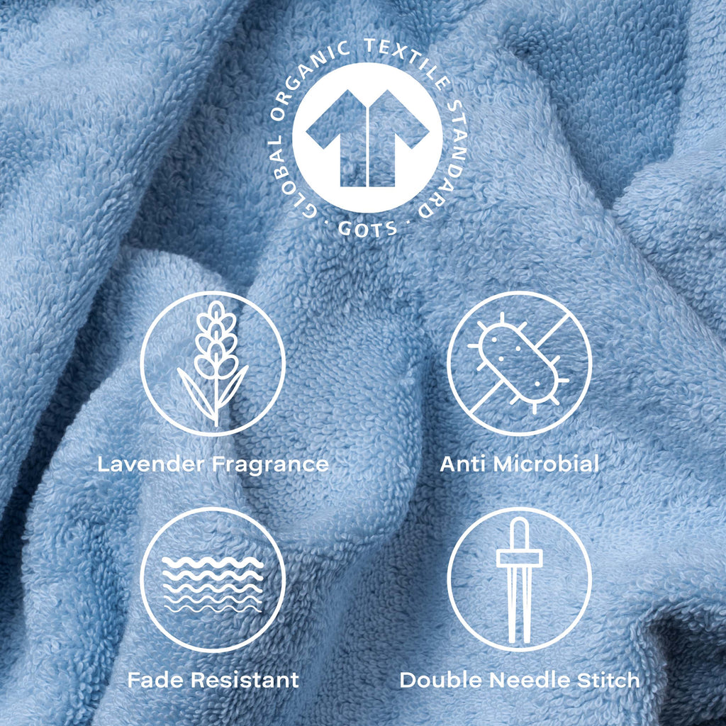 Feather & Spun 100% Organic Face Towel | Lavender Fragrance | Oeko-TEX® Standard 100 | Double Needle Stitch | Anti Microbial | 100% Cotton - 550 GSM | 33 cms x 33 cms - Skywave Blue | Pack of 4
