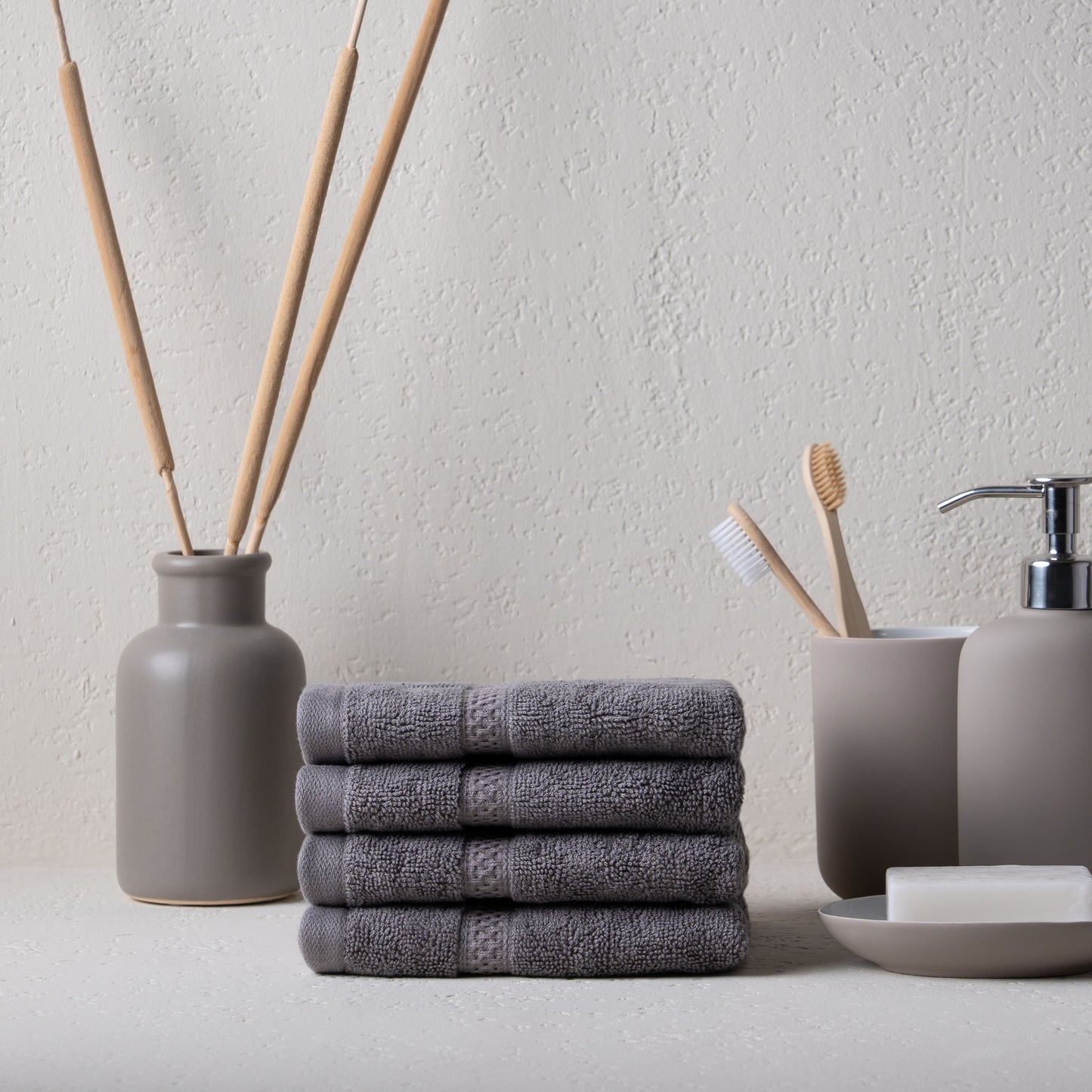Feather & Spun Bamboo Cotton Face Towel | Lavender Fragrance | Oeko-TEX® Standard 100 | Double Needle Stitch | Anti Microbial | 600 GSM | 33 cms x 33 cms - Smoke Grey | Pack of 4