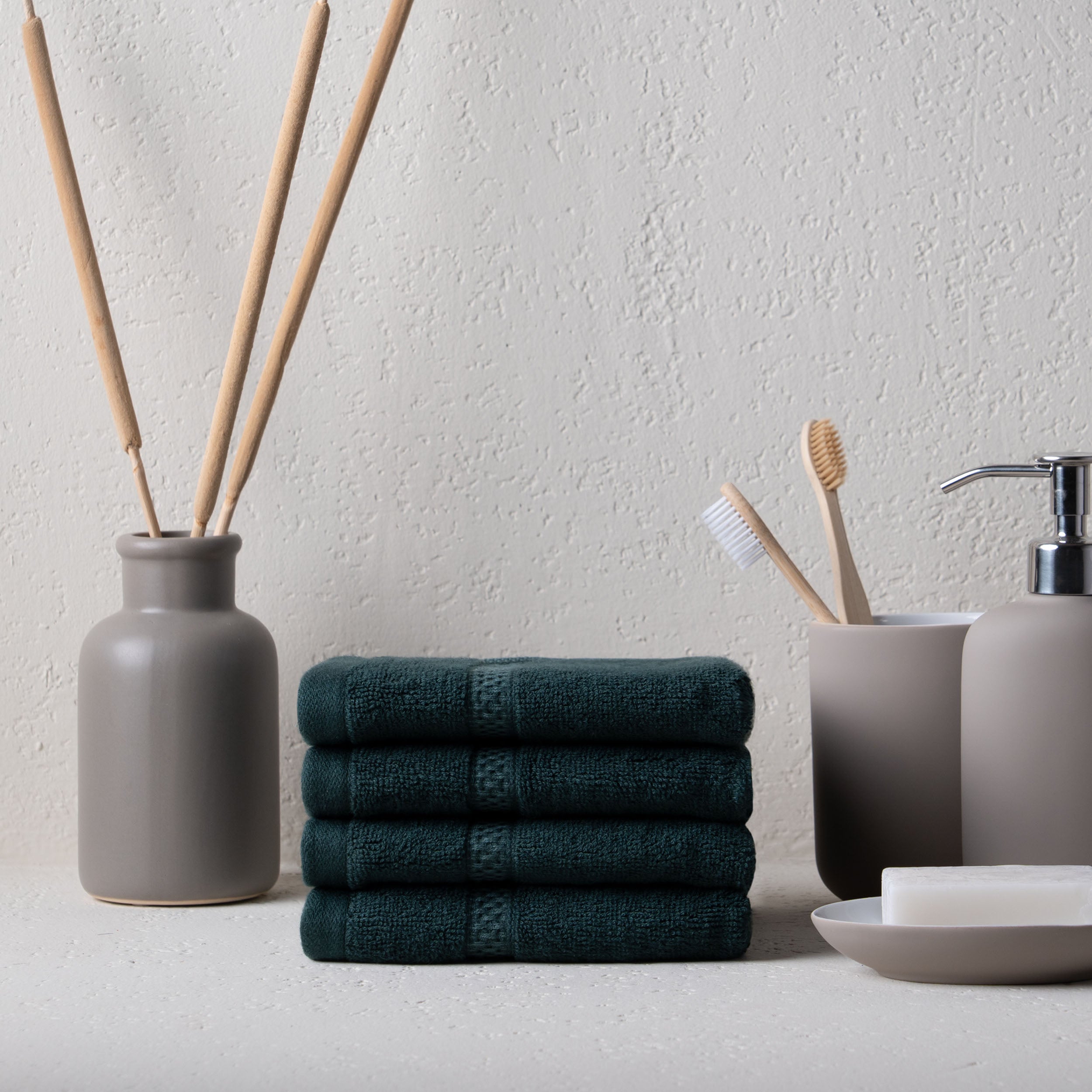Feather & Spun Bamboo Cotton Face Towel | Lavender Fragrance | Oeko-TEX® Standard 100 | Double Needle Stitch | Anti Microbial | 600 GSM | 33 cms x 33 cms - Jade Forest | Pack of 4